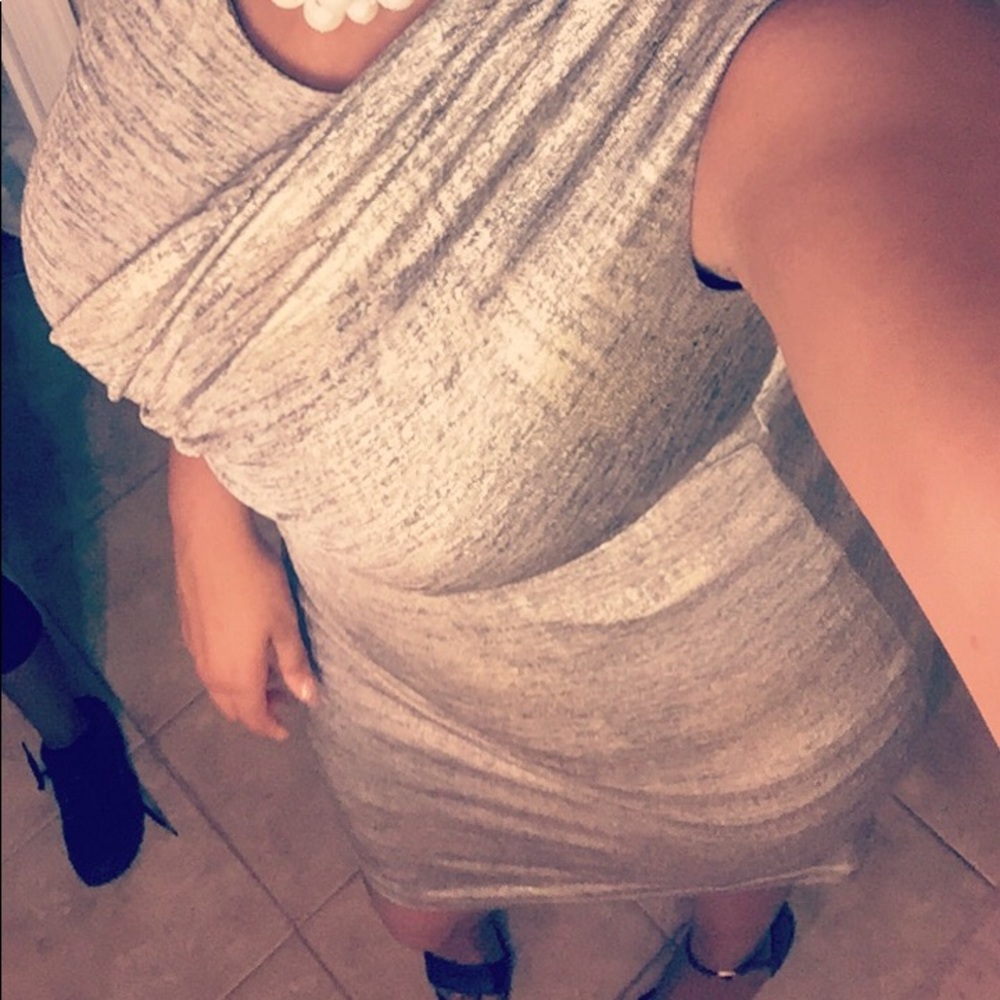 Connected Apparel Metallic Gold Drape Dress